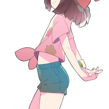 1girl black_hair cowboy_shot hat nintendo pink_shirt pokemon rascal_(feuille) selene_(pokemon) shirt short_hair short_sleeves shorts smile solo tied_shirt white_background