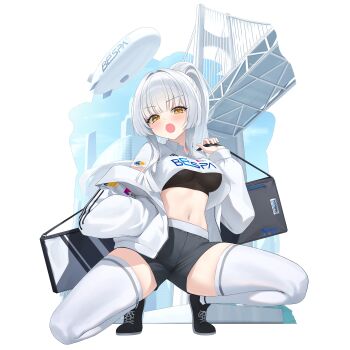 1girl :o absurdres aircraft black_shirt black_shoes black_shorts black_survival blunt_bangs breasts bridge clothes_writing collared_shirt commentary_request crop_top crop_top_overhang dirigible eternal_return:_black_survival g_home hand_up highres jacket korean_commentary large_breasts long_hair long_sleeves looking_at_viewer midriff minami_rio navel off_shoulder open_clothes open_jacket open_mouth orange_eyes ponytail puffy_long_sleeves puffy_sleeves shirt shoes short_shorts short_sleeves shorts sneakers solo squatting stomach thighhighs underboob undershirt very_long_hair white_hair white_jacket white_shirt white_thighhighs