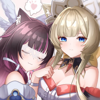 Rule 34 | 2girls, animal ear fluff, animal ears, bare shoulders, black hair, blue eyes, blush, breasts, brown hair, cat ears, cleavage, closed eyes, closed mouth, columbina (genshin impact), commentary request, genshin impact, hair ornament, heart, highres, kemonomimi mode, light frown, long hair, mako (cvyt5325), medium breasts, multicolored hair, multiple girls, purple hair, sandrone (genshin impact), short hair with long locks, upper body, very long hair, wing hair ornament