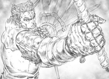 1boy absurdres armor behelit berserk frown grunbeld_(berserk) highres holding holding_shield holding_weapon mad_sharpen male_focus miura_kentarou_(style) monochrome shield short_hair sketch solo thick_eyebrows upper_body weapon