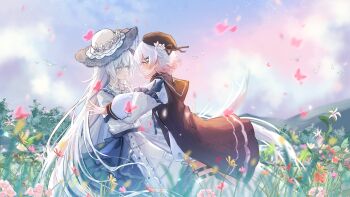 2girls artist_request beret black_dress black_hat bug butterfly chinese_commentary commentary_request commission dress feet_out_of_frame field flower grass hair_flower hair_ornament hat highres imminent_hug insect long_hair long_sleeves looking_at_another mahou_shoujo_no_majo_saiban multicolored_hair multiple_girls o-ring o-ring_thigh_strap open_mouth outdoors pink_eyes red_butterfly sakuraba_ema second-party_source short_hair sky smile spoilers standing thigh_strap tsukishiro_yuki white_hair x_hair_ornament