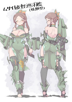 Rule 34 | 1girl, arm guards, armor, bare back, bare shoulders, black thighhighs, blush, breasts, brown hair, cleavage, commentary request, covered groin, covered navel, dress, feet, green dress, gundam, hair ornament, highres, large breasts, long hair, looking at viewer, looking back, mobile suit gundam, multiple views, musai, orange eyes, personification, ponytail, round eyewear, shoulder blades, smile, stirrup legwear, thick thighs, thighhighs, thighs, toeless legwear, torn clothes, torn thighhighs, translation request, weapon, yazawa owl