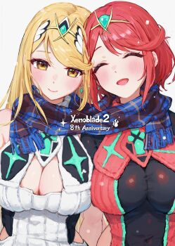 2girls ^_^ blonde_hair blue_eyes blue_scarf blush breasts chest_jewel cleavage closed_eyes closed_mouth commentary_request grey_background headpiece highres large_breasts long_hair looking_at_viewer multiple_girls mythra_(xenoblade) plaid_clothes plaid_scarf pyra_(xenoblade) scarf shared_clothes shared_scarf short_hair simple_background smile swept_bangs xenoblade_chronicles_(series) xenoblade_chronicles_2 yellow_eyes yomizu_(rdad3278)