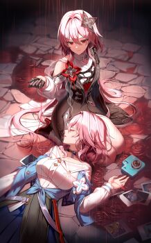 2girls asymmetrical_dress black_dress black_flower black_gloves breasts camera commentary dress earrings evernight_(honkai:_star_rail) flower gloves hair_between_eyes hair_flower hair_ornament hairclip highres honkai:_star_rail honkai_(series) jewelry long_hair long_sleeves looking_at_viewer lying_on_lap march_7th_(honkai:_star_rail) march_7th_(preservation)_(honkai:_star_rail) multiple_girls official_alternate_eye_color pink_hair red_eyes shirt silence_girl single_bare_shoulder smile solo umbrella