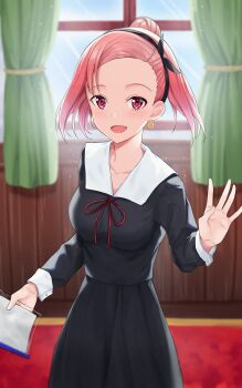 1girl black_dress black_shirt black_skirt breasts collarbone commentary cowboy_shot curtains dress english_commentary forehead highres holding holding_paper indoors kaguya-sama_wa_kokurasetai_~tensai-tachi_no_renai_zunousen~ koyasu_tsubame large_breasts light_particles long_sleeves looking_at_viewer neck_ribbon open_hand open_mouth paper parted_bangs pink_hair red_eyes red_ribbon ribbon rinse_7 shirt skin_tight skirt smile solo window