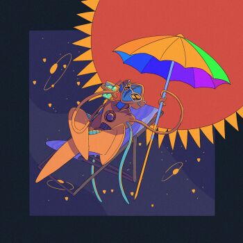 crossed_legs deoxys deoxys_(normal) drink expressionless full_body gen_3_pokemon highres holding holding_drink holding_umbrella joez mythical_pokemon nintendo no_humans pokemon pokemon_(creature) simple_background sitting space sun sunbathing sunglasses umbrella what