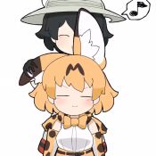 2girls :3 :d =_= ^_^ animal_ear_fluff animal_ears animated behind_another black_hair blouse bow bowtie brown_hair chibi closed_eyes closed_mouth elbow_gloves extra_ears facing_viewer gloves headpat helmet kaban_(kemono_friends) kemono_friends looping_animation medium_hair multicolored_hair multiple_girls musical_note open_mouth orange_hair pith_helmet serval_(kemono_friends) shirt simple_background sleeveless sleeveless_shirt smile spoken_musical_note taro_(tontaro) traditional_bowtie two-tone_hair upper_body v-shaped_eyebrows video white_background