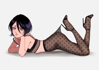 1girl ass black_hair bleach bleach:_epilogue blush breasts commentary hair_between_eyes high_heels highres kuchiki_rukia looking_at_viewer m1rimorinku pantyhose purple_eyes short_hair simple_background smile solo symbol-only_commentary underwear white_background