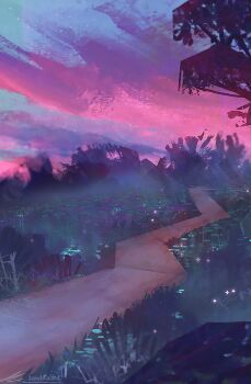 bush flower grass landscape no_humans original outdoors painterly path pink_clouds road scenery sparkle sunset tree zandra