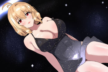 1girl ahoge alternate_breast_size_(larger) arcueid_brunestud arms_behind_back bare_shoulders black_dress blonde_hair blush breasts cleavage dress fukou hair_intakes highres lipstick looking_at_viewer makeup short_hair sitting sky smile space star_(sky) starry_sky thighs tsukihime tsukihime_(remake)