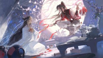 2boys ahoge alcohol bamboo_slips bird black_boots black_hair black_hanfu blood blood_on_clothes book bookshelf boots branch calligraphy_brush chinese_clothes chinese_commentary couple cup curtains falling_petals floating_hair flower full_moon grey_pants grey_sash grey_shirt hair_ribbon hand_on_own_chest hanfu headband highres holding huashengdoufu incense_burner indoors injury jug_(bottle) lan_wangji lattice long_hair long_sleeves looking_at_another male_focus modao_zushi moon multiple_boys official_alternate_costume on_one_knee open_book outstretched_arm paintbrush paintbrush_rack pants petals plant ponytail potted_plant profile rabbit reaching reaching_towards_another red_ribbon ribbon robe round_window scroll shirt sidelocks sitting smoke table teacup teapot through_window topknot tree tunic vase wei_wuxian wei_wuxian_(yunmeng_clan) white_flower white_hanfu white_headband white_rabbit_(animal) wide_sleeves window xiao_guan_(headdress) yaoi