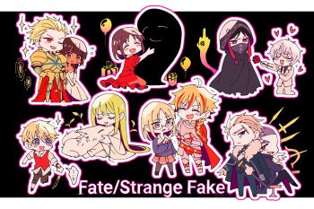 ... 2others 4girls 6+boys akaisi894 alexandre_dumas_(fate) androgynous anger_vein animal armor blonde_hair blush brown_hair chibi closed_eyes closed_mouth copyright_name covered_mouth dark-skinned_female dark_skin dress enkidu_(fate) fate/strange_fake fate_(series) flat_escardos gilgamesh_(fate) glasses gold_armor green_hair grey_hair hand_on_own_hip hashtag-only_commentary highres jack_the_ripper_(fate/strange_fake) jester_karture kuruoka_tsubaki long_hair multicolored_hair multiple_boys multiple_girls multiple_others no_name_assassin_(fate) one_eye_closed open_mouth orlando_reeve pale_rider_(fate) red_dress red_eyes richard_i_(fate) sajou_ayaka_(fate/strange_fake) scar scar_on_face short_hair sitting smile streaked_hair tine_chelc twitter_username watch white_dress wolf_(fate) wristwatch