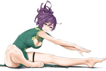 Rule 34 | 1girl, barefoot, brown eyes, chaesu, china dress, chinese clothes, cleavage cutout, clothing cutout, dress, feet, highres, jigokuraku, light blush, long hair, looking at viewer, parted lips, purple hair, stretching, toes, yuzuriha (jigokuraku)
