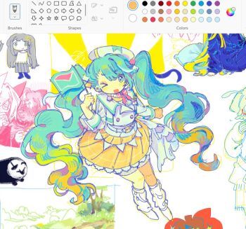 >_o 1girl aqua_hair art_program_in_frame belt blue_eyes blue_hair blush bow bowtie buttons collar detached_sleeves facing_viewer flag frilled_collar frills hair_between_eyes hair_ornament hatsune_miku holding holding_flag lapels long_hair long_sleeves looking_at_viewer microsoft_paint_(medium) microsoft_paint_3d_(medium) multicolored_hair one_eye_closed open_mouth paiiyincrepe02 plaid_clothes plaid_skirt sailor_collar screencap shirt sketch skirt sleeve_cuffs smile solo string_of_flags twintails uneven_twintails unfinished very_long_hair vocaloid wavy_hair