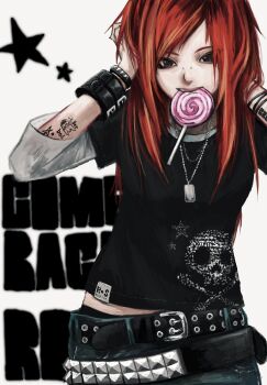 1girl arm_tattoo belt black_eyes black_shirt bracelet bridge_piercing candy commentary denim emo_fashion face_piercing food hands_on_own_head highres jeans jewelry layered_sleeves lollipop lollipop_in_mouth long_hair midriff_peek multiple_belts necklace nu_punxxxz original pants piercing red_hair shirt skull_and_crossbones solo star_(symbol) studded_belt studded_bracelet swirl_lollipop symbol-only_commentary t-shirt tattoo white_background