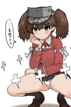 1girl black_skirt brown_eyes brown_hair collared_shirt commentary_request dress_shirt full_body highres japanese_clothes kantai_collection kariginu kinakomochi_(testament05) long_hair looking_at_viewer magatama panties ryuujou_(kancolle) shikigami shirt simple_background skirt solo squatting translation_request twintails underwear visor_cap white_background white_panties white_shirt