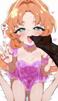 1boy 1girl akechi_anna blush breasts choker collarbone double_v dress drooling finger_in_another's_mouth green_eyes hair_intakes heart heart-shaped_pupils heart_in_eye invisible_man loli long_hair looking_at_viewer meitantei_precure! mo_(boo1719501boo) open_mouth oral_invitation orange_hair pink_choker pink_dress precure saliva simple_background sitting small_breasts solo spoken_heart sweat symbol-shaped_pupils symbol_in_eye teeth tongue tongue_out upper_teeth_only v wariza white_background