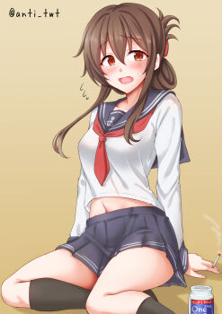 1girl alcohol anti_(untea9) bikini black_hair black_sailor_collar black_skirt black_socks brown_background brown_eyes cigarette commentary_request flying_sweatdrops folded_ponytail gradient_background highres inazuma_(kancolle) kantai_collection long_hair long_sleeves navel neckerchief one_cup pleated_skirt red_neckerchief sailor_collar sailor_shirt sake school_uniform serafuku shirt side-tie_bikini_bottom single_serve_sake sitting skirt socks solo swimsuit twitter_username white_shirt yokozuwari