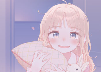 1girl aratagawa_nikei blonde_hair blue_eyes blush heart holding holding_pillow long_hair looking_at_viewer open_mouth original pajamas pillow smile solo stuffed_animal stuffed_rabbit stuffed_toy upper_body