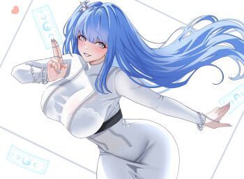 1girl absurdres arcana_(nikke) blue_eyes breasts card commentary dress goddess_of_victory:_nikke heart highres holding holding_card large_breasts long_hair looking_at_viewer smile solo velmillix very_long_hair white_background white_dress white_nails zipper