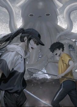 1boy 1girl animal baseball_cap black_eyes black_shorts blackbox_(blackbox9158) butterfly_net hand_net hat high_ponytail highres holding holding_butterfly_net hood hood_down kim_dokja lee_gilyoung lee_jihye official_art omniscient_reader's_viewpoint oversized_animal pointing ponytail shirt shorts sidelocks squid t-shirt talking third-party_source two-tone_hoodie yellow_shirt