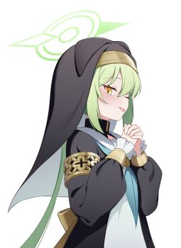 1girl ;p alternate_costume armband blue_archive blush commentary_request fang from_below green_hair green_halo halo highres long_hair long_sleeves looking_down nozomi_(blue_archive) nun nun_headdress one_eye_closed own_hands_clasped own_hands_together pointy_ears praying sidelocks simple_background skin_fang solo tongue tongue_out user_shjm4774 white_background yellow_armband yellow_eyes