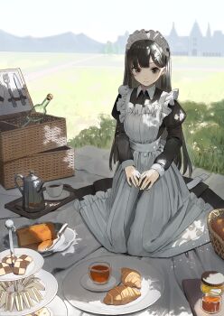 1girl absurdres apron black_dress black_hair blanket bottle brown_eyes building checkerboard_cookie closed_mouth coffee coffee_pot commentary_request cookie croissant cup day dress food fork frilled_apron frills grass highres juliet_sleeves knife long_hair long_sleeves looking_at_viewer maid maid_apron maid_headdress mountain original outdoors own_hands_together picnic picnic_basket plate puffy_sleeves sandwich saucer shii_(kairi-t-k0317) sitting smile solo tiered_tray tray very_long_hair wariza white_apron