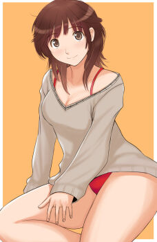 1girl amagami bra bra_peek breasts brown_eyes brown_hair cleavage closed_mouth collarbone commentary_request grey_sweater hands_on_own_thighs highres long_sleeves looking_at_viewer medium_breasts medium_hair no_pants panties red_bra red_panties sakurai_rihoko sitting solo sweater takemi_kaoru thighs two-tone_background underwear white_background yellow_background