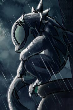 cloud cloudy_sky collar commentary creature creature_focus english_commentary highres jeff_(marvel) jeff_the_land_shark jeff_the_land_shark_(devouring_duo) marvel marvel_rivals movie_poster no_humans no_pupils official_alternate_costume pocho22059768 poster_parody rain shark sky spider-man_(series) spider-man_3 spiked_collar spikes squatting symbiote tail