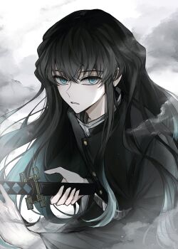 023_cream 1boy aqua_eyes aqua_hair belt black_hair buttons commentary gold_buttons grey_belt hair_between_eyes highres holding holding_sword holding_weapon katana kimetsu_no_yaiba long_hair long_sidelocks looking_at_viewer male_focus multicolored_hair parted_lips sidelocks smoke solo sword symbol-only_commentary teeth tokitou_muichirou two-tone_hair upper_body weapon