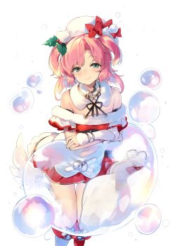 1girl aqua_eyes bow bubble closed_mouth crossed_arms feathered_wings gloves hat hat_bow highres leg_wings looking_at_viewer mayusaki_yuu medium_hair navel pink_hair red_bow red_skirt santa_costume skirt solo tawil_(wixoss) two_side_up white_background white_gloves white_hat white_wings wings wixoss