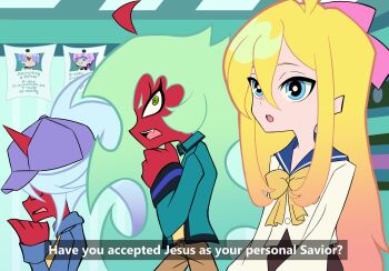 2boys 3girls baseball_cap blonde_hair bow demon demon_girl demon_horns english_text gakkou_no_kaidan_(anime) hair_bow hat highres horns kneehighs kneesocks_(psg) koigakubo_momoko looking_at_another meme multiple_boys multiple_girls panty_&amp;_stocking_with_garterbelt polyester_(psg) polyurethane_(psg) praying red_skirt scanty_(psg) school_uniform skirt socks surprised tehnutball third-party_source