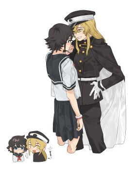 ... 2girls absurdres black_cape black_coat black_hair black_hat black_skirt blonde_hair blue_eyes blush bracelet cape chibi chinese_commentary coat commentary gloves grin hand_on_own_hip hat heart-shift_bracelets highres jewelry jiguang_haibao koishikawa_iko long_hair long_sleeves momijiyama_teru multiple_girls neckerchief open_mouth pleated_skirt red_neckerchief scar scar_across_eyebrow scar_on_face semi-rimless_eyewear shirt short_hair short_sleeves shy_(series) skirt smile teeth translation_request white_cape white_gloves white_shirt yellow_eyes yuri