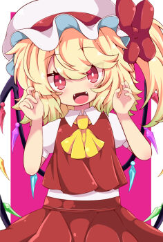 1girl :d ascot blonde_hair commentary_request cowboy_shot crystal_wings eyes_visible_through_hair fangs flandre_scarlet hands_up hat looking_at_viewer medium_hair mob_cap muuba open_mouth red_skirt red_vest shirt short_sleeves skirt skirt_set smile solo touhou two-tone_background vest white_shirt wings yellow_ascot
