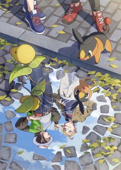 1boy 1girl ahoge amakara000 bellsprout blonde_hair blue_shirt breasts brown_hair brown_jacket cobblestone denim gen_1_pokemon gen_5_pokemon green_jacket harmony_(pokemon) highres jacket jeans leaf looking_at_another looking_at_reflection nintendo open_clothes open_jacket open_mouth pants pig plant_monster pointing pointing_up pokemon pokemon_(creature) pokemon_legends:_z-a reflection reflection_focus running shirt shoes short_hair small_breasts smile tepig urbain_(pokemon) water white_pants white_shirt