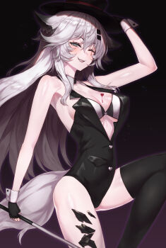 1girl ;d absurdres animal_ears arknights bare_shoulders black_gloves black_hat black_leotard black_thighhighs blush breasts buttons cleavage commentary_request fingerless_gloves gloves grey_eyes grey_hair grin hair_between_eyes hair_ornament hairclip half-closed_eye hand_on_headwear hat heart heart_button highres holding lapels lappland_(arknights) leg_up leotard light_particles long_hair looking_at_viewer material_growth medium_breasts one_eye_closed open_mouth oripathy_lesion_(arknights) scar scar_across_eye scar_on_face sicsic49 single_thighhigh smile solo tail thighhighs wolf_ears wolf_girl wolf_tail
