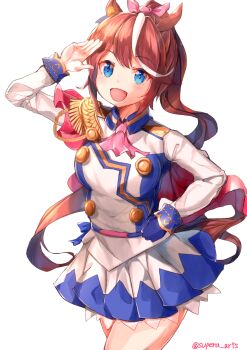 1girl animal_ears ascot asymmetrical_gloves blue_eyes blue_gloves blush bow breasts brown_hair buttons cape commentary_request double-breasted ear_ribbon epaulettes gloves hair_between_eyes high_ponytail highres horse_ears horse_girl horse_tail jacket long_hair long_sleeves looking_at_viewer medium_breasts mismatched_gloves multicolored_hair multicolored_jacket open_mouth pink_ascot ponytail red_cape simple_background single_epaulette skirt smile solo streaked_hair supera tail tokai_teio_(peak_joy)_(umamusume) tokai_teio_(umamusume) two-tone_hair two-tone_jacket two-tone_skirt umamusume white_background white_gloves white_hair white_jacket white_skirt