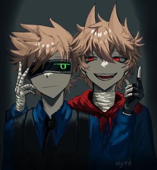 2boys animification antenna_hair bandaged_hand bandaged_neck bandages black_gloves black_necktie black_vest blue_coat blue_shirt brown_hair coat collared_shirt commentary drawstring eddsworld fingerless_gloves flipped_hair future_tom_(eddsworld) gloves glowing glowing_eyes hair_ears head-mounted_display hood hood_down hoodie iuyitd lcd long_sleeves male_focus multiple_boys necktie open_mouth red_hoodie red_leader_(eddsworld) shirt short_hair simple_background spiked_hair symbol-only_commentary tom_(eddsworld) tord_(eddsworld) upper_body vest