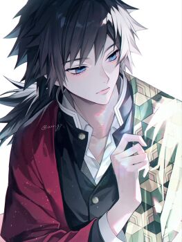 1boy black_hair black_jacket blue_eyes buttons closed_mouth collared_shirt demon_slayer_uniform gold_buttons hand_up haori high_collar highres jacket japanese_clothes kikkoumon kimetsu_no_yaiba long_hair low_ponytail male_focus open_clothes open_jacket open_shirt ponytail print_haori red_haori shirt simple_background solo spiked_hair tomioka_giyuu twitter_username urr_gy white_background white_shirt