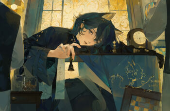 1girl absurdres animal_ears baichuan_baichuan black_gloves board_game cat_ears cat_girl chess chess_piece clock cup fingernails gloves green_eyes green_hair hair_between_eyes highres holding holding_chess_piece indoors layered_sleeves lips long_sleeves looking_at_object medium_hair original paper parted_lips red_pupils sidelocks sitting solo table window