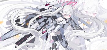 Rule 34 | 1girl, absurdly long hair, absurdres, black thighhighs, blue archive, blush, breasts, bright pupils, character name, closed mouth, commentary request, feet out of frame, force (fossan 01), hair between eyes, hair ornament, hairclip, halo, highres, holding, holding weapon, kei (blue archive), leaning forward, leotard, long bangs, long hair, looking at viewer, mecha musume, mechanical arms, mechanical legs, mechanical wings, parallel hairclips, pink eyes, pink halo, rectangular halo, ringed eyes, small breasts, solo, thighhighs, twintails, very long hair, weapon, white background, white hair, white leotard, white pupils, wings, x hair ornament, zoom layer