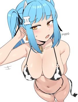 Rule 34 | 1girl, absurdres, animal print, arm behind back, arm behind head, bell, bikini, blue hair, blush, breasts, cleavage, cow horns, cow print, cow print bikini, cowbell, ear tag, english text, fake horns, from above, hair ornament, hair ribbon, highleg, highleg bikini, highres, horns, ii (peps art), navel, neck bell, o-ring, o-ring bikini, open mouth, original, paid reward available, peps art, print bikini, ribbon, sidelocks, simple background, solo, swimsuit, twintails, white background, yellow eyes