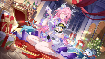 1girl absurdres aichinaigai animalization bare_shoulders black_dress box chimera_(honkai:_star_rail) chinese_commentary christmas colored_eyelashes commentary_request creature cyrene_(demiurge)_(honkai:_star_rail) cyrene_(honkai:_star_rail) dress floating_hair flower gift gift_box gradient_hair hair_flower hair_ornament hand_up high_heels highres holding holding_creature holding_gift honkai:_star_rail honkai_(series) indoors looking_at_viewer multicolored_hair mydei_(fig_stew)_(honkai:_star_rail) mydei_(honkai:_star_rail) off_shoulder one_eye_closed open_mouth pink_eyes pink_hair purple_eyes shoes short_hair sitting solo striped_clothes trailblazer_(honkai:_star_rail) vertical-striped_clothes yokozuwari