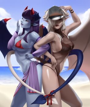 2girls ass-to-ass backlighting bare_shoulders beach bikini black_sclera blue_skin breasts cleavage colored_sclera colored_skin commentary commission day demon_(monster_girl_encyclopedia) demon_girl demon_horns demon_tail demon_wings detached_sleeves english_commentary glasses hair_over_one_eye hat heart_tail_duo highres hime_cut horns jiffic large_breasts lilim_(monster_girl_encyclopedia) lips locked_arms long_hair monster_girl_encyclopedia monster_girl_encyclopedia_ii multiple_girls ocean ojou-sama_pose original parted_lips peaked_cap platinum_hair pointy_ears purple_hair red_bikini red_eyes red_ribbon ribbon rimless_eyewear sarong segmented_horns shiny_skin swimsuit tail tail_ornament tail_ribbon toned victoria_(lilim) wings