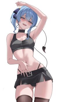 1girl :d arm_up armpits asymmetrical_sidelocks black_choker black_panties black_skirt black_sports_bra blue_eyes blue_hair blue_ribbon breasts choker cowboy_shot crop_top demon_tail double-parted_bangs fawny gluteal_fold hair_between_eyes hair_ribbon highleg highleg_panties highres hololive hoshimachi_suisei looking_at_viewer miniskirt navel no_shirt open_mouth panties ribbon shaded_face short_hair shorts side_ponytail sidelocks simple_background skirt smile solo sports_bra star_(symbol) star_in_eye stomach symbol_in_eye tail teeth thighhighs underwear upper_teeth_only virtual_youtuber white_background