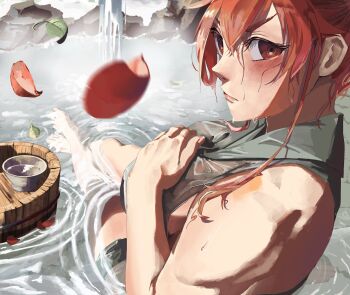 1girl alternate_hairstyle bare_shoulders barefoot bathing blush breasts bucket choko_(cup) closed_mouth commentary_request crossed_bangs cup eris_greyrat falling_petals feet foreshortening full_body green_tunic hair_between_eyes hand_on_own_chest highres kazu_kimi_s large_breasts lips mushoku_tensei official_alternate_costume onsen partially_submerged petals profile red_eyes red_hair short_hair_with_long_locks sitting solo tunic water wet wooden_bucket