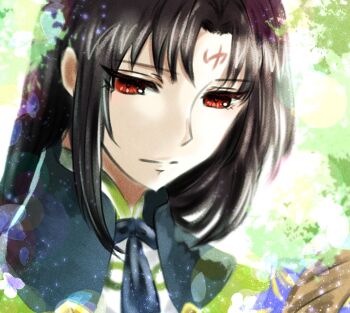 1boy aika_(mi_nekono) black_hair closed_mouth commentary_request facial_mark fire_emblem fire_emblem:_path_of_radiance fire_emblem_heroes forehead_mark long_hair male_focus nintendo official_alternate_costume portrait red_eyes solo soren_(fire_emblem) soren_(valentine)_(fire_emblem)