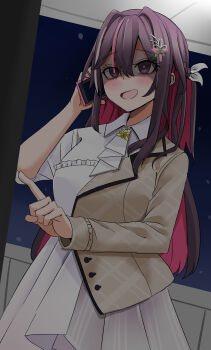 0th_generation_(hololive) 1girl absurdres ascot azki_(4th_costume)_(hololive) azki_(hololive) breasts colored_inner_hair dress hair_ornament highres holding holding_phone hololive long_hair multicolored_hair natsume_mina open_mouth phone pink_hair purple_eyes streaked_hair virtual_youtuber white_ascot yandere