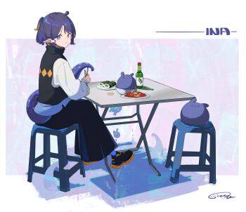 1girl absurdres black_pants black_shoes black_vest bowl bright_pupils chair character_name chopsticks closed_mouth collared_vest commentary eating food from_side glass_bottle highres holding holding_chopsticks hololive hololive_english jacket long_sleeves looking_at_viewer ninomae_ina'nis pants plate pointy_ears purple_eyes purple_hair shoes short_hair signature simuyutou sitting sleeves_past_wrists sneakers solo sushi sweater_vest table takodachi_(ninomae_ina'nis) tentacle_tail turning_head vest virtual_youtuber white_jacket white_pupils wide_shot