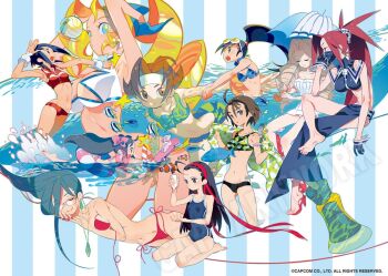 Rule 34 | 6+girls, adapted costume, ahoge, ayuhara natsu, ball, bikini, black hair, blonde hair, blue bikini, blue hair, blue one-piece swimsuit, breasts, brown hair, camouflage, camouflage bikini, capcom, cleavage cutout, clothing cutout, clownfish, competition swimsuit, copyright notice, drill hair, earrings, fish, glasses, gloves, headband, hibiki ran, zaki (justice gakuen), iinchou (justice gakuen), inflatable armbands, innertube, jewelry, justice gakuen, karuizawa momo, kazama akira, kirishima yurika, light brown hair, long hair, mask, minazuki kyoko, multiple girls, necklace, one-piece swimsuit, one eye closed, parasol, playing sports, ponytail, red bikini, red footwear, red hair, sandals, second-party source, sidelocks, sleeping, star-shaped pupils, star (symbol), surgeonfish, swim ring, swimsuit, symbol-shaped pupils, take (takegarou), tiffany lords, towel, twin drills, twintails, umbrella, volleyball, volleyball (object), wakaba hinata, watermark